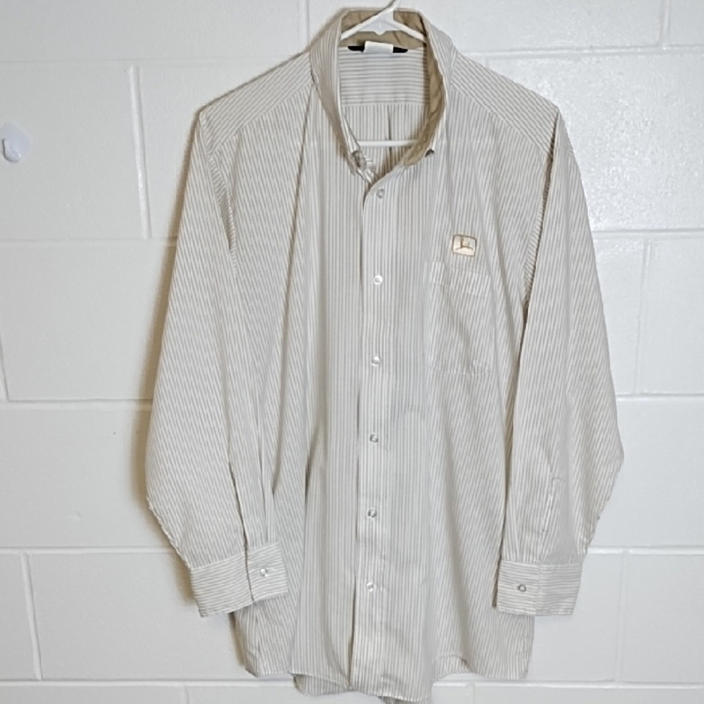 White Tan Mini Stripe Casual Button Down 1 Pocket John Deere Shirt